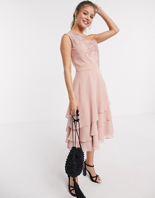 Chi Chi Nour tiered onr shoulder midi dress with lace embroidery in rose gold
