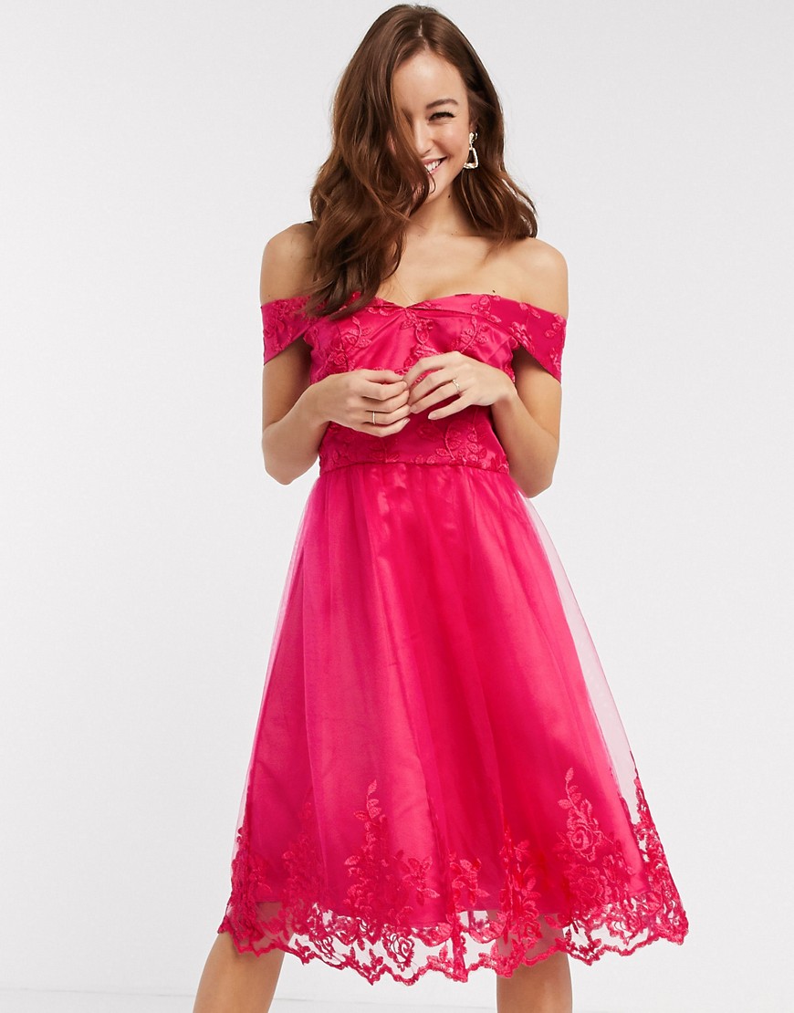 Chi Chi Ryan lace detail prom dress in fuschia-Pink