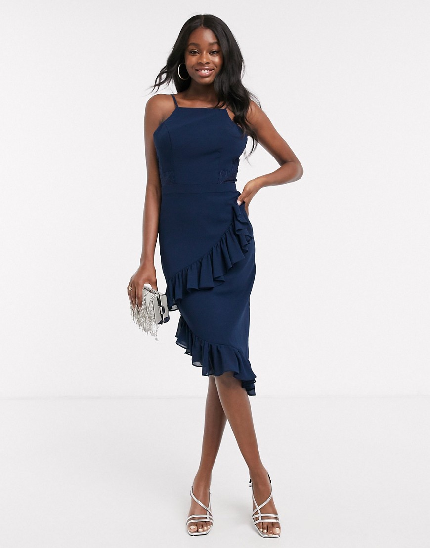 Chi Chi Sephora midi pencil dress with frill detail in navy