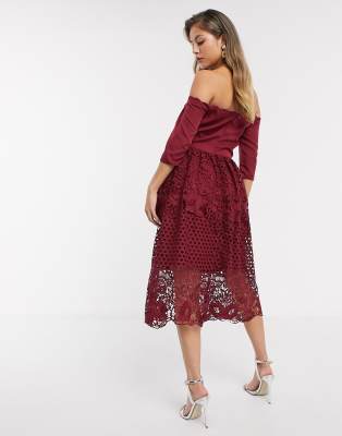 burgundy bardot prom dress