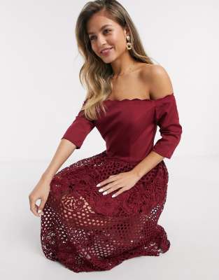 burgundy bardot prom dress