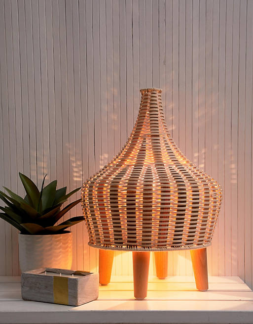 Idee Natural Rattan Table Lamp, Wooden Leg Table Lamp