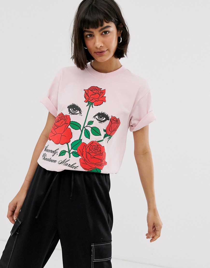 Chinatown Market – T-shirt i boyfriend-modell med romantiskt rostryck-Rosa