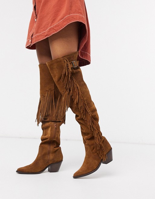 Chio Exclusive fringed over the knee western boots in tan suede