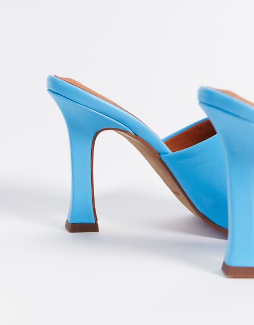 Chio heeled leather mules with square toe in aqua blue leather