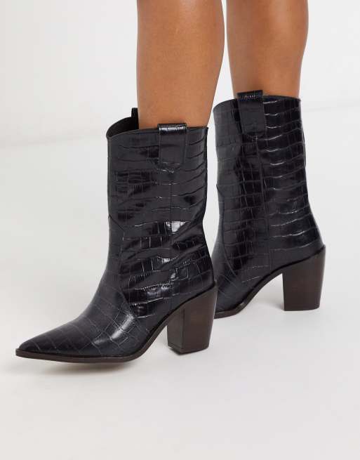 black croc calf height heeled boots