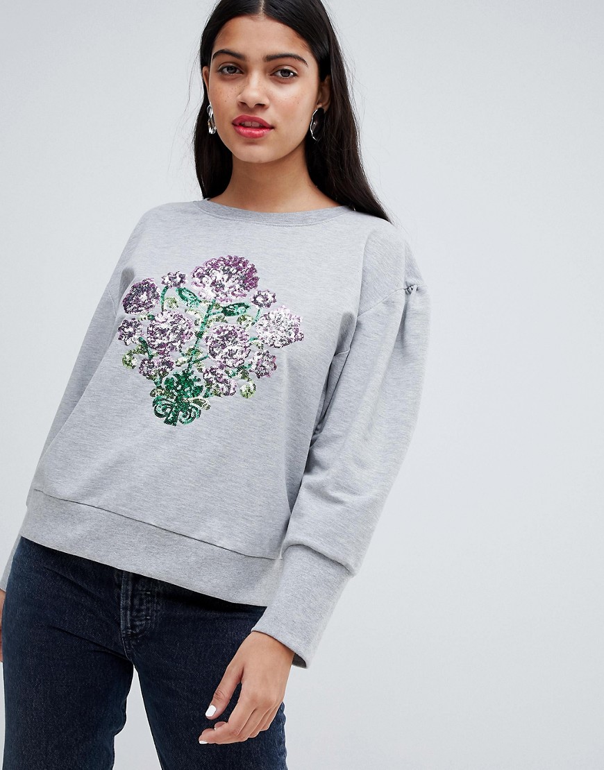 Mutton Sleeve Sweater with Sequin Floral-Gray