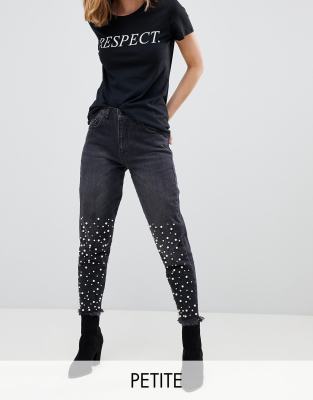 Split Hem Mom Jeans with Pearl Embellishment-Black