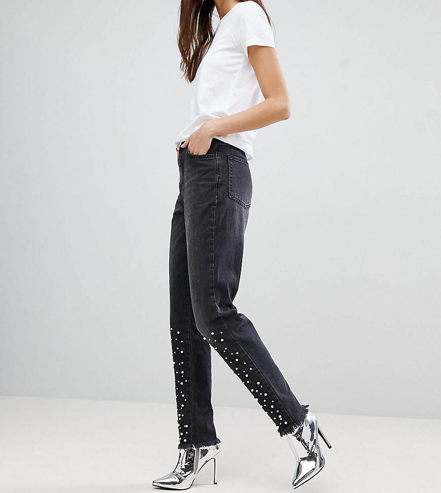 Chorus Tall – Jeans i mom jeans-modell med pärlutsmyckningar och slits nedtill-Svart