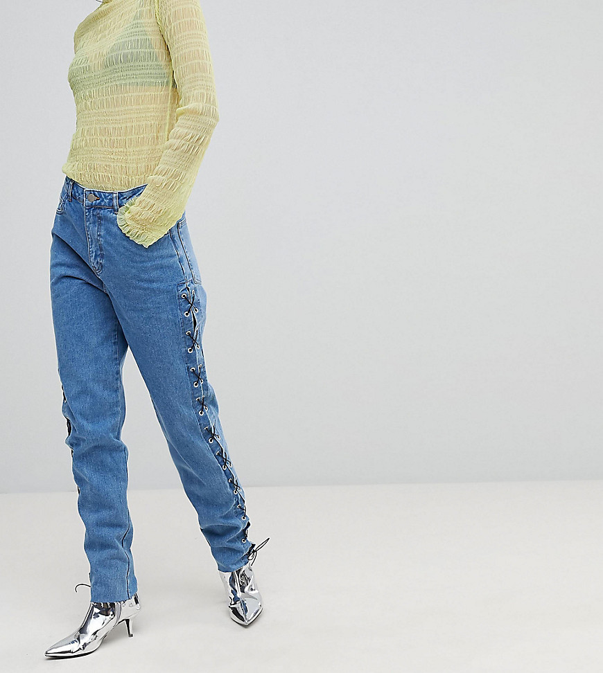 Chorus Tall Lace Up Side Mom Jeans-Blue