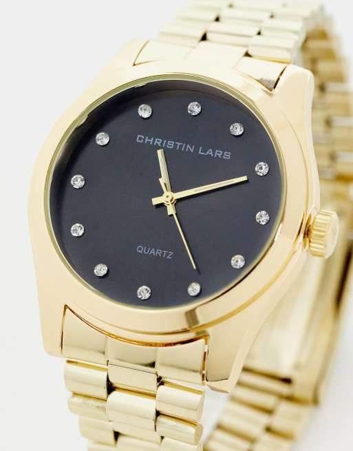 Christian Lars – Armbanduhr in Schwarz und Gold mit breitem Gliederarmband und Strassdetails am Zifferblatt