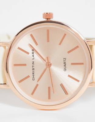 Christian Lars - Dameshorloge met leren bandje in crème en rosé-goud | ASOS