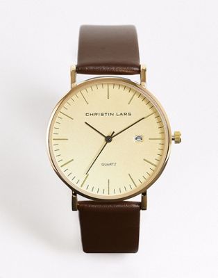 Christian Lars Mens classic strap watch with date function in tan