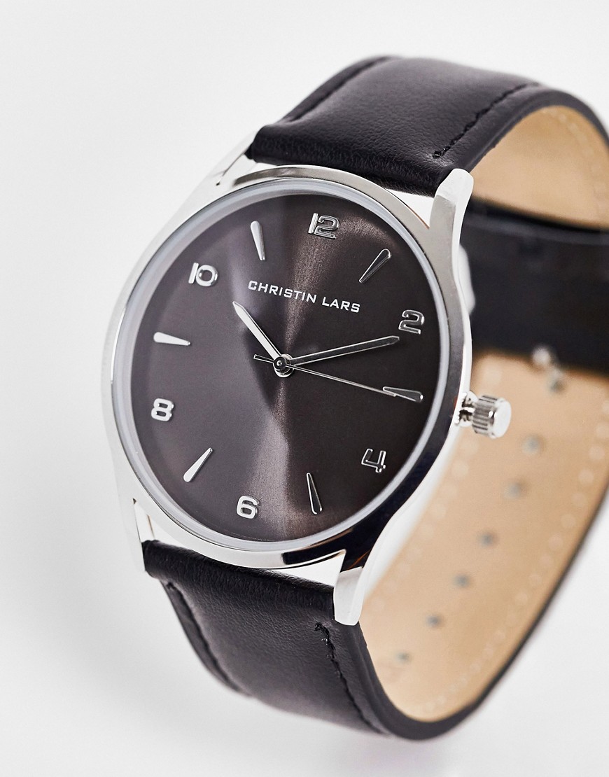 Christian Lars Mens leather strap watch in silver
