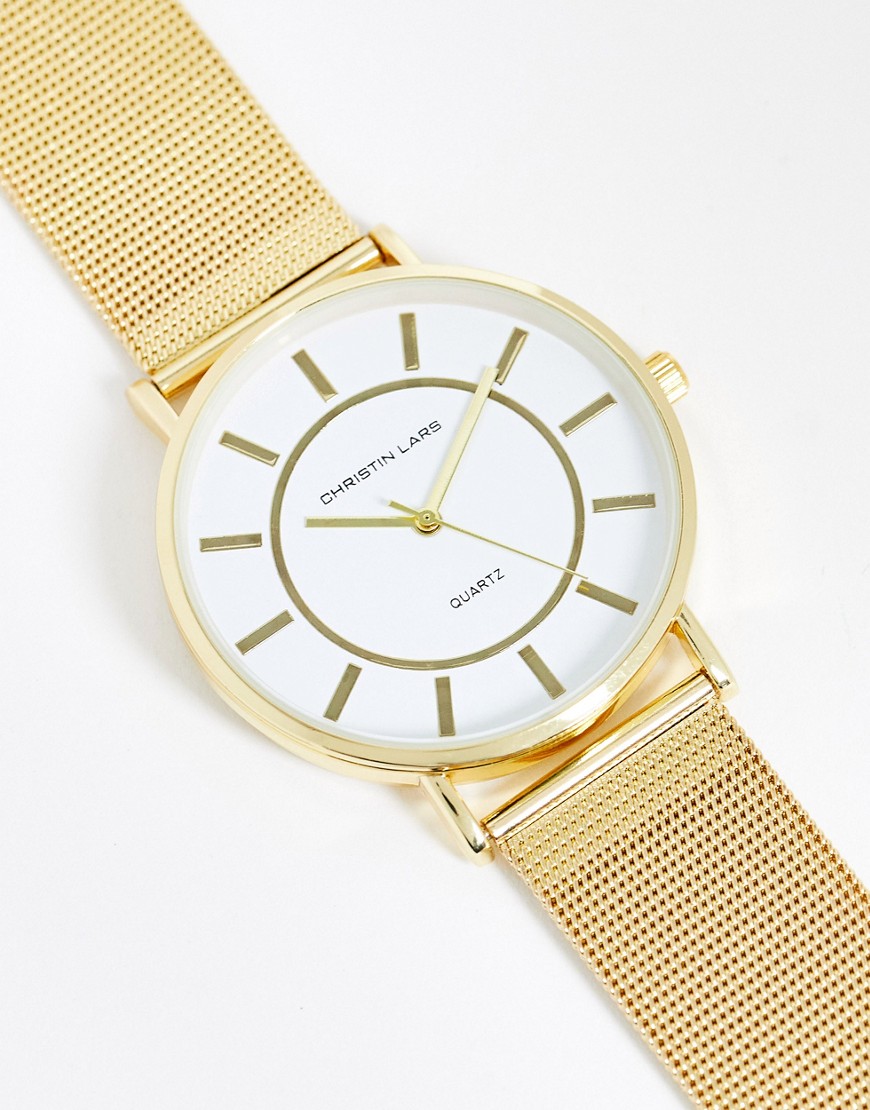 Christian Lars Mens mesh strap watch with large face in gold