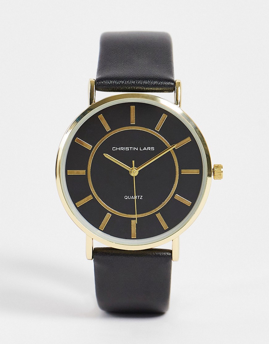 Christian Lars Mens minimal watch with large face in black-Gold