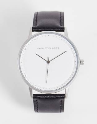 Christin Lars Christian Lars Mens Minimal Watch With Leather Strap In Black-silver In Silver