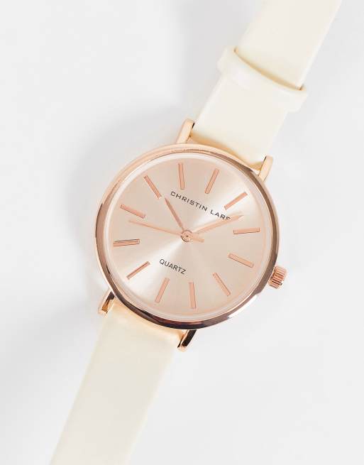 Christian Lars - Orologio da donna con cinturino in pelle crema e oro rosa