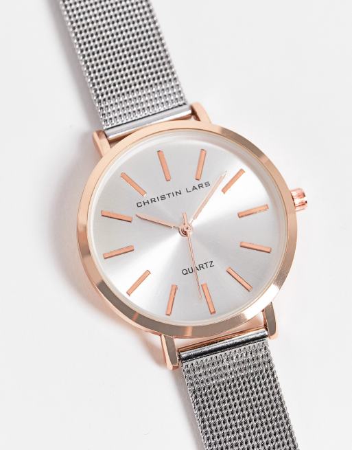Christian Lars - Orologio da donna in due toni con cinturino in maglia color argento e oro rosa