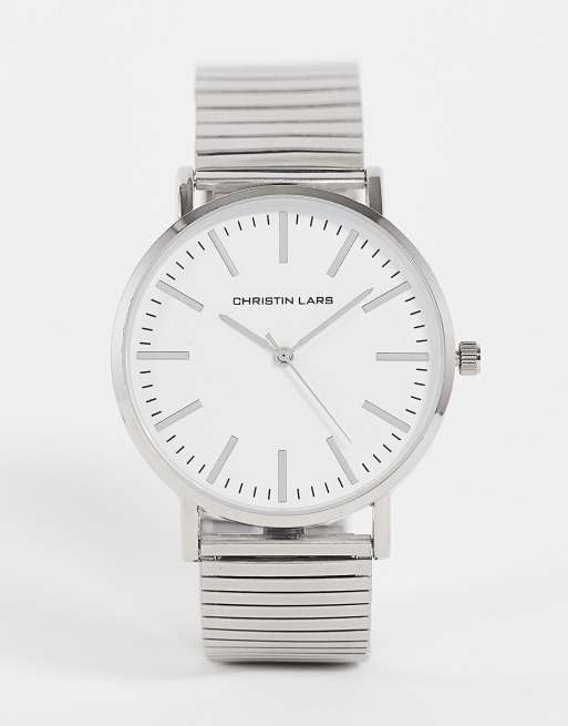 Christian Lars - Orologio da uomo con bracciale argento e quadrante bianco