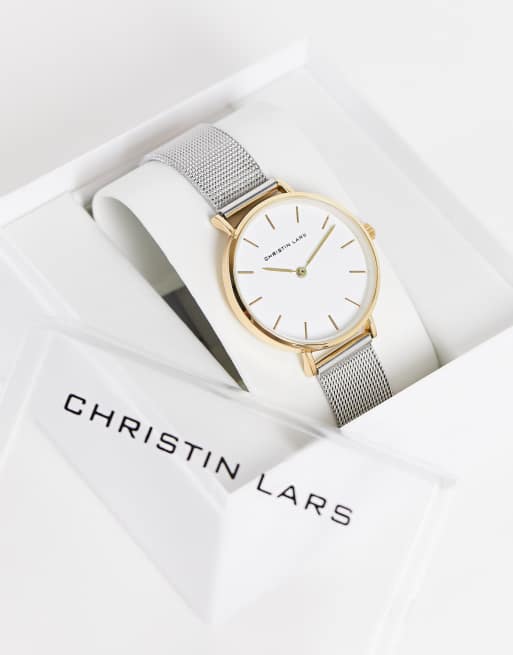 Christian Lars – Silver- och guldfärgad armbandsklocka med armband i mesh, 2 av 4