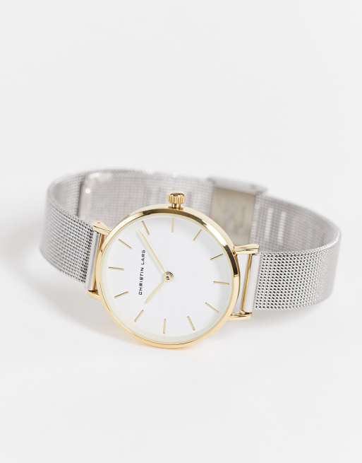 Christian Lars – Silver- och guldfärgad armbandsklocka med armband i mesh, 4 av 4