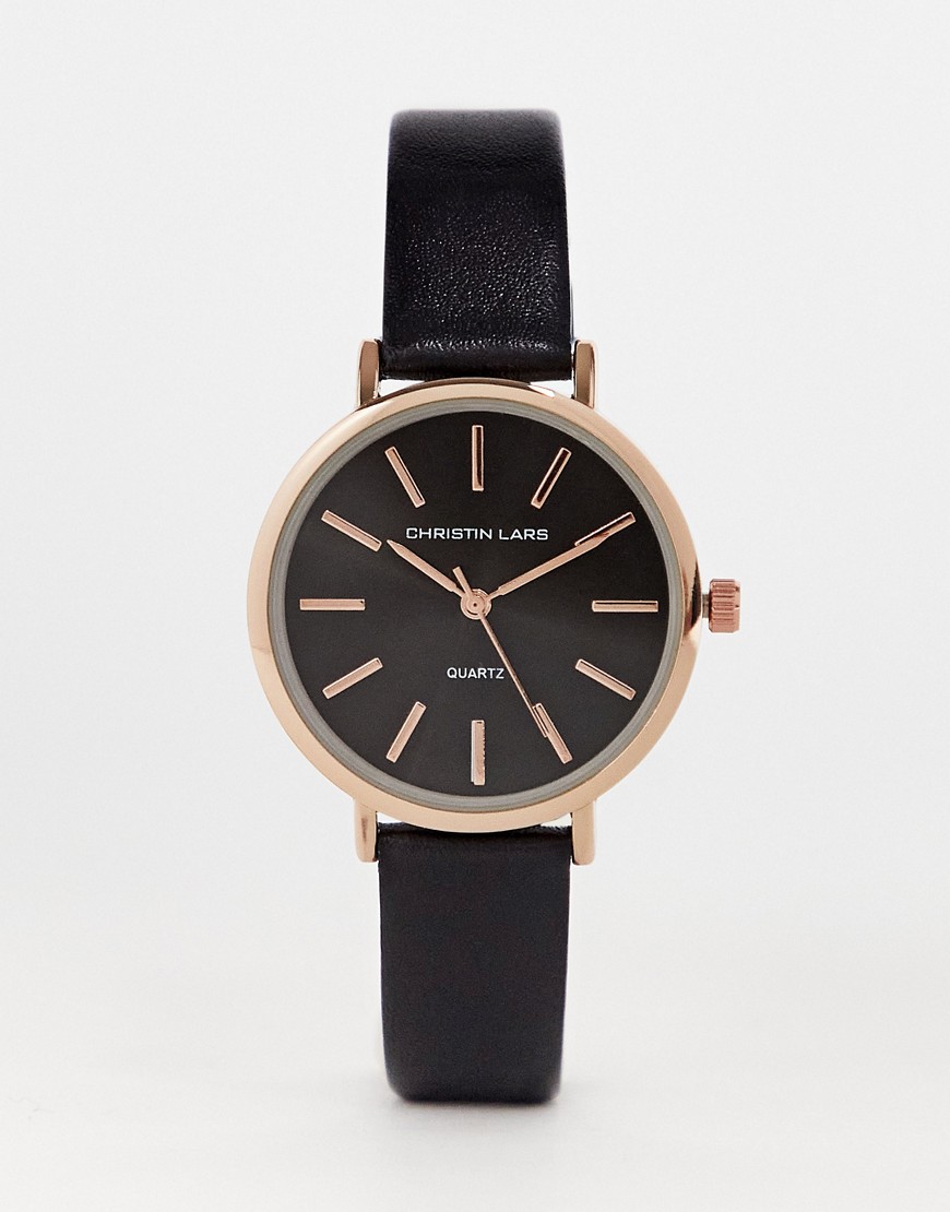 Christian Lars Womens leather strap watch in black and rose gold