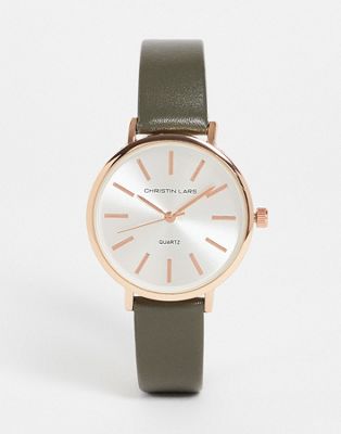 Christian Lars Womens leather strap watch in grey and rose gold