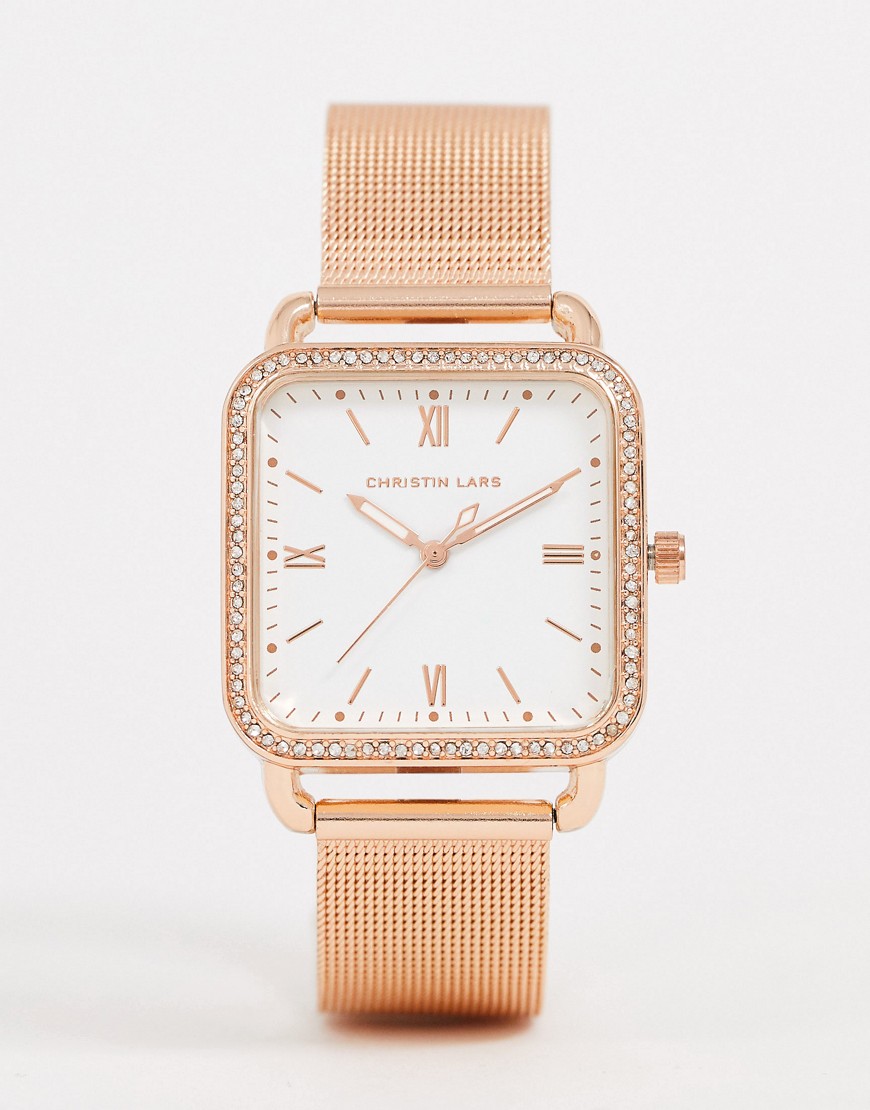 Christian Lars womens mesh square watch in rose gold-Pink