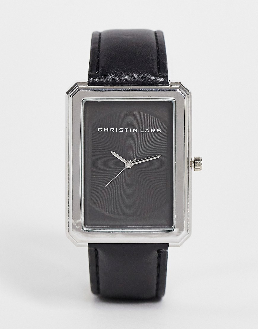 Christian Lars Womens rectangle face watch in black-Silver
