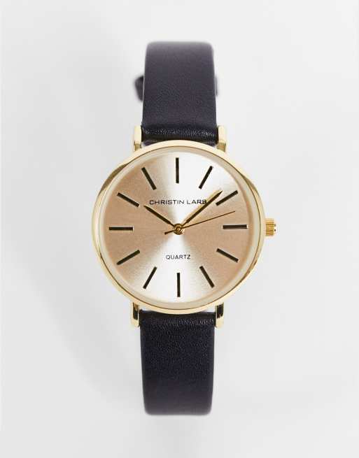 Christian Lars Womens slimeline leather strap watch in black with gold ...