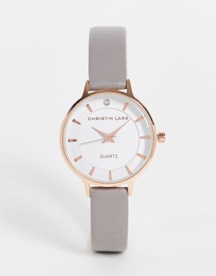 Christin Lars Christian Lars Womens Slimline Leather Strap Watch In Silver And Rose Gold ModeSens