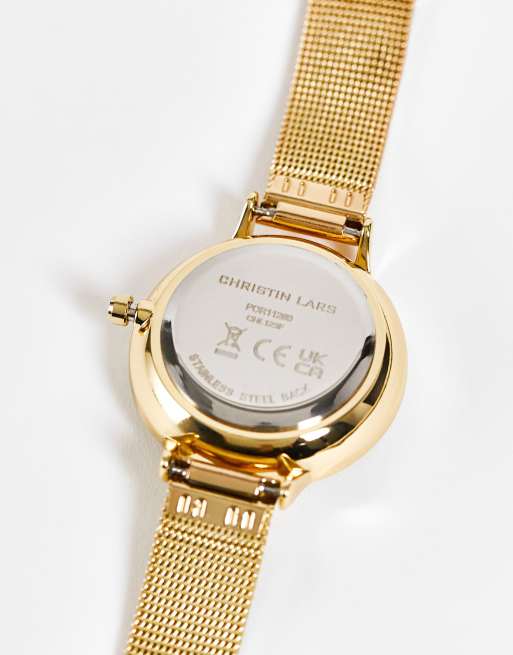 Christian Lars Womens slimline stainless steel mesh strap watch in gold, 2 of 4