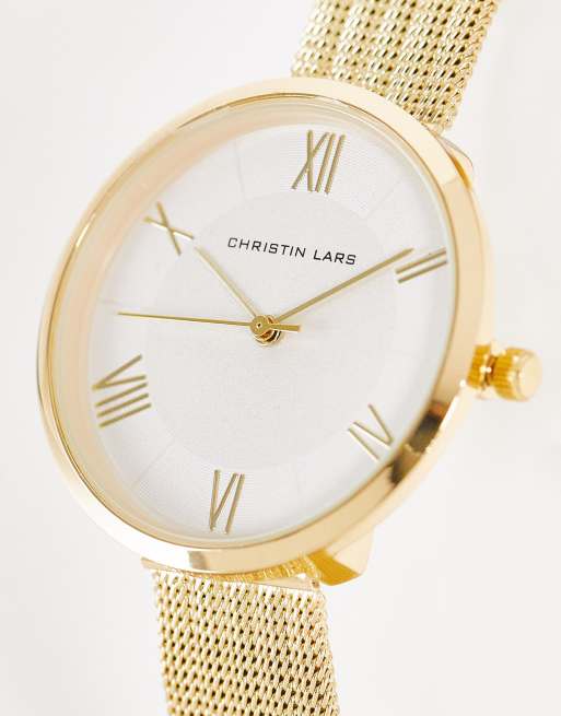 Christian Lars Womens slimline stainless steel mesh strap watch in gold, 4 of 4