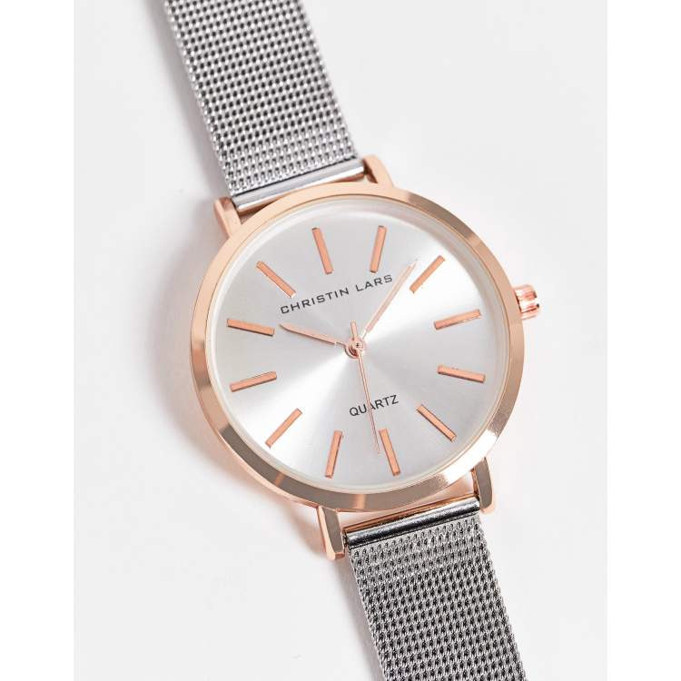 Christian Lars Womens two tone mesh strap watch in silver and rose