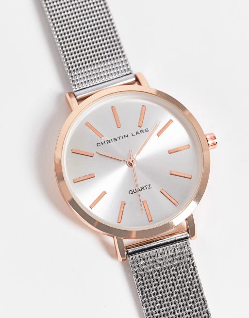 Christian Lars Womens two tone mesh strap watch in silver and rose