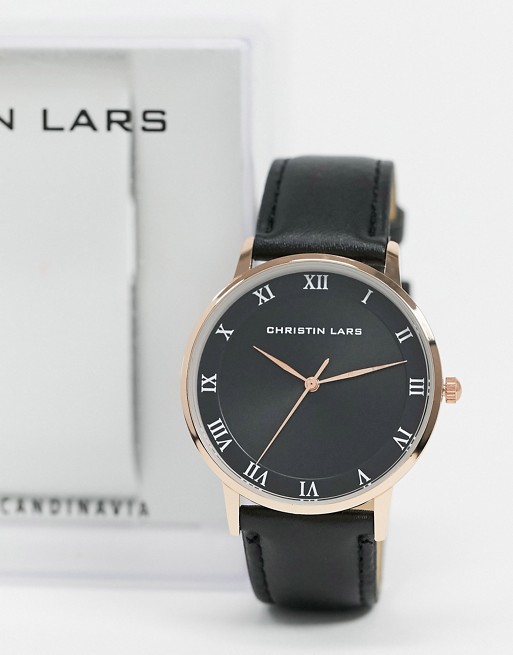 Christin Lars black leather watch with rose gold dial