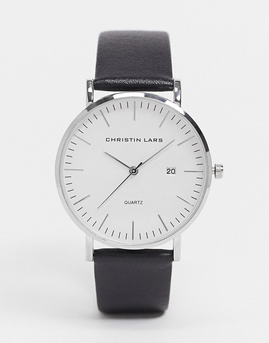 Christin Lars black leatherwatch with silver and white dial