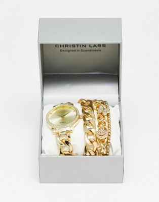 Christin Lars chain strap watch and bracelet gift set in gold