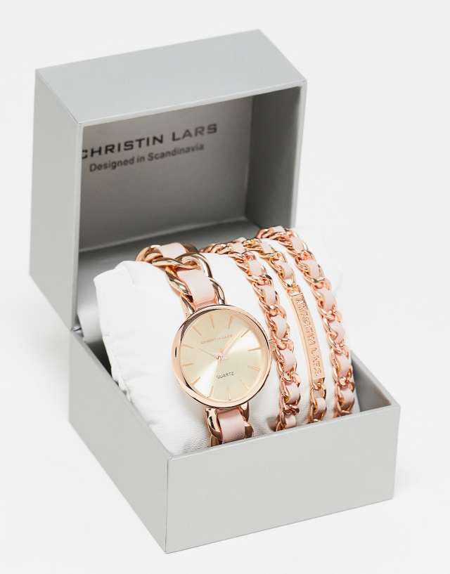 Christin Lars chain strap watch and bracelet gift set in pink