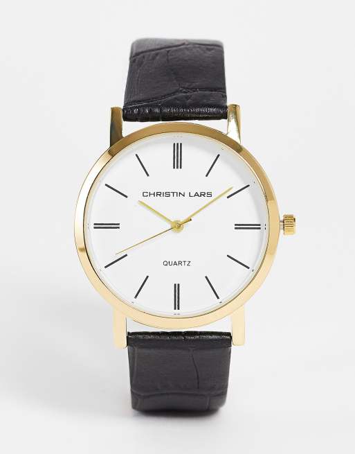 Christin Lars croc effect strap watch in black