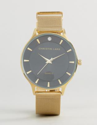 Christin Lars Gold Crystal Watch With Black Dial ModeSens