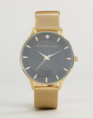 Christin Lars – Goldene Armbanduhr mit Strassbesatz und schwarzem Zifferblatt