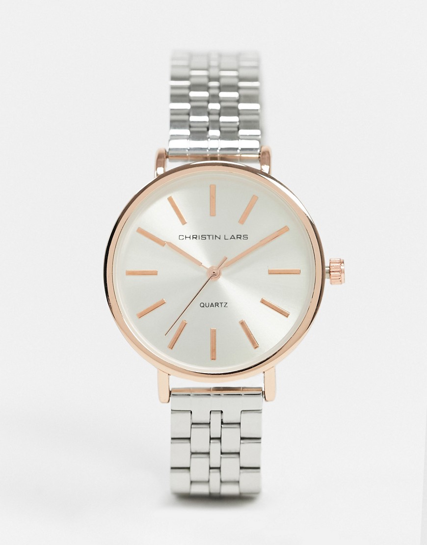 Christin Lars - Gråt armbåndsur med rem i læder og rosaguld urskive-Sølv