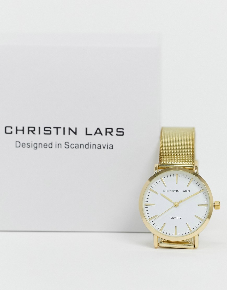 Christin Lars – Guldfärgad smal klocka med vit urtavla