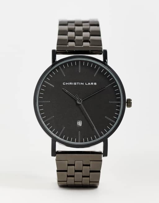Christin Lars - Heren - Armbandhorloge met brede schakelband in zwart