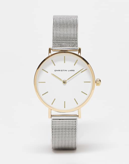 Christin Lars - Horloge met mesh armband van roestvrij staal in tweekleurig zilver en goud