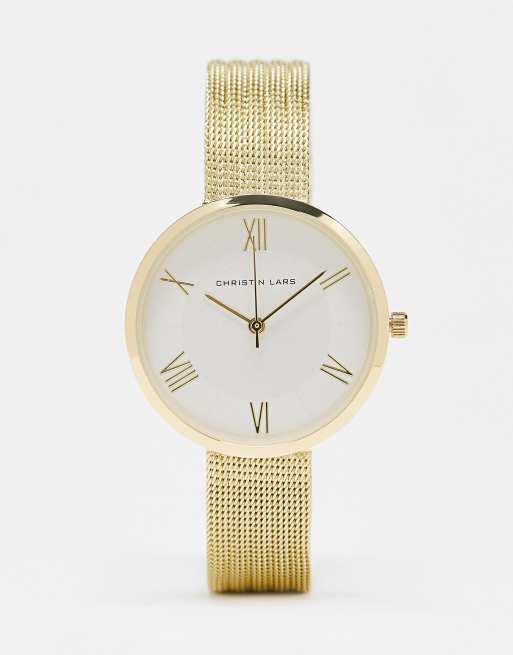 Christin Lars - Horloge met mesh bandje met wijzerplaatje met Romeinse cijfers in goud