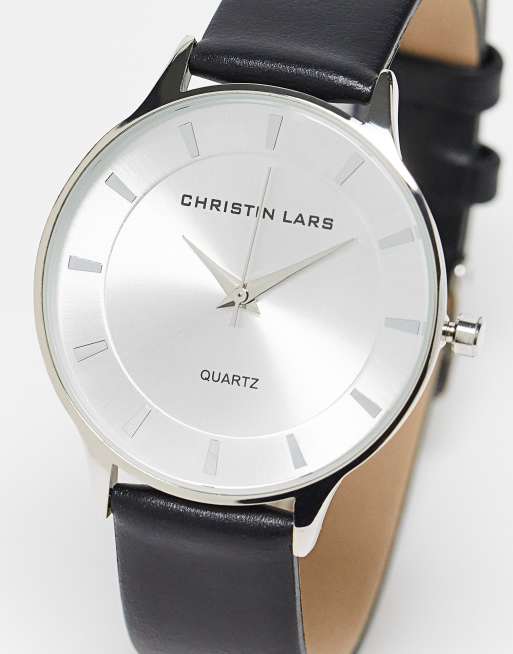 Christin Lars - Horloge met smal bandje in zwart met zilveren wijzerplaat