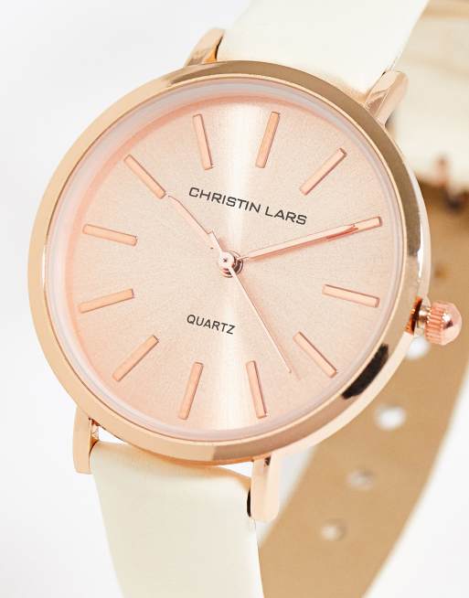 Christin Lars - Horloge met smal leren bandje in wit met rosé goud